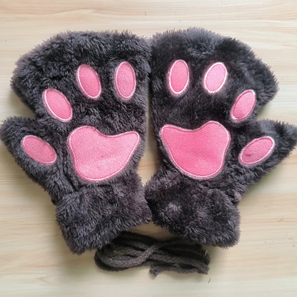 Lovely Plush Cat Claw Gloves – Warm Fingerless Mittens, Soft Fluffy Bear Paw Costume Gloves
