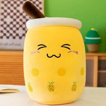 Giant Boba Plush Pillow – Soft Squishy Milk Tea & Fruit Drink Plushie with Sleepy Eyes, Cute Room Decoration & Gift