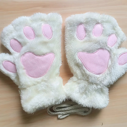 Lovely Plush Cat Claw Gloves – Warm Fingerless Mittens, Soft Fluffy Bear Paw Costume Gloves