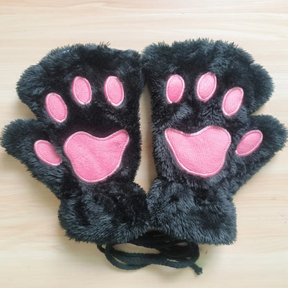 Lovely Plush Cat Claw Gloves – Warm Fingerless Mittens, Soft Fluffy Bear Paw Costume Gloves