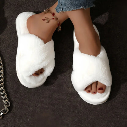 Cozy Cross-Strap Faux Fur Slippers – Warm Indoor Plush Slides, Soft Fuzzy House Shoes, Lightweight Flat Heel Comfort