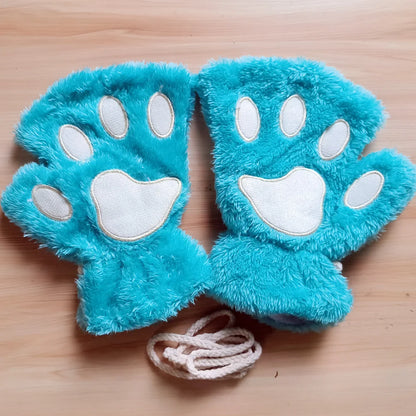 Lovely Plush Cat Claw Gloves – Warm Fingerless Mittens, Soft Fluffy Bear Paw Costume Gloves