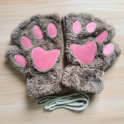 Lovely Plush Cat Claw Gloves – Warm Fingerless Mittens, Soft Fluffy Bear Paw Costume Gloves