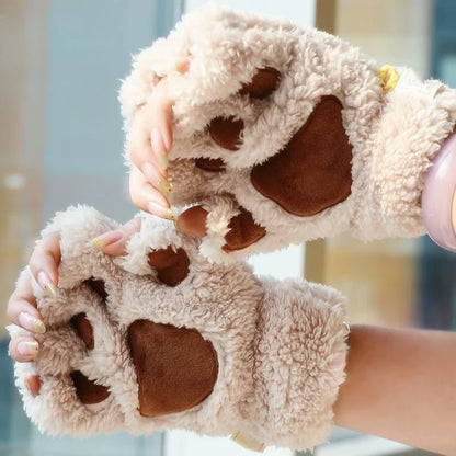 Lovely Plush Cat Claw Gloves – Warm Fingerless Mittens, Soft Fluffy Bear Paw Costume Gloves