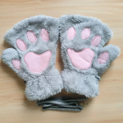 Lovely Plush Cat Claw Gloves – Warm Fingerless Mittens, Soft Fluffy Bear Paw Costume Gloves