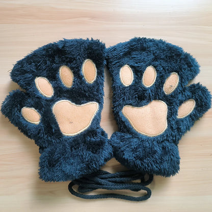 Lovely Plush Cat Claw Gloves – Warm Fingerless Mittens, Soft Fluffy Bear Paw Costume Gloves