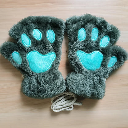 Lovely Plush Cat Claw Gloves – Warm Fingerless Mittens, Soft Fluffy Bear Paw Costume Gloves