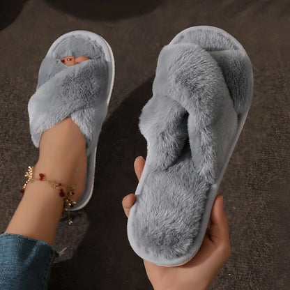Cozy Cross-Strap Faux Fur Slippers – Warm Indoor Plush Slides, Soft Fuzzy House Shoes, Lightweight Flat Heel Comfort