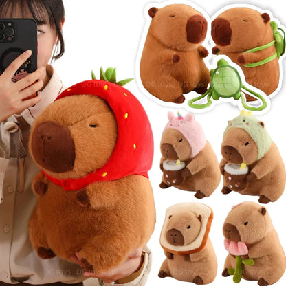 Capybara Plush – Small Size Pendant with Strawberry Hat and Turtle Backpack – Cute Stuffed Animal Gift