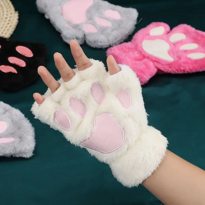 Lovely Plush Cat Claw Gloves – Warm Fingerless Mittens, Soft Fluffy Bear Paw Costume Gloves