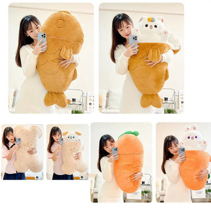 Kawaii Taiyaki Cat and Animal Plush Pillow – 80×45 cm Soft Throw Cushion – Cute Rabbit, Dog, and Ferry Designs