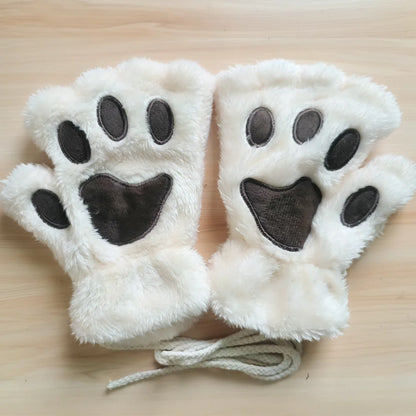 Lovely Plush Cat Claw Gloves – Warm Fingerless Mittens, Soft Fluffy Bear Paw Costume Gloves