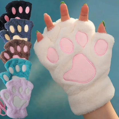 Lovely Plush Cat Claw Gloves – Warm Fingerless Mittens, Soft Fluffy Bear Paw Costume Gloves