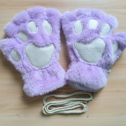 Lovely Plush Cat Claw Gloves – Warm Fingerless Mittens, Soft Fluffy Bear Paw Costume Gloves