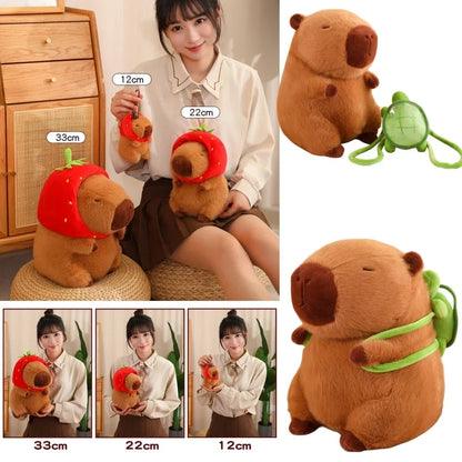 Capybara Plush – Small Size Pendant with Strawberry Hat and Turtle Backpack – Cute Stuffed Animal Gift
