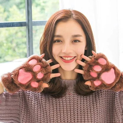 Lovely Plush Cat Claw Gloves – Warm Fingerless Mittens, Soft Fluffy Bear Paw Costume Gloves