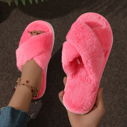 Cozy Cross-Strap Faux Fur Slippers – Warm Indoor Plush Slides, Soft Fuzzy House Shoes, Lightweight Flat Heel Comfort