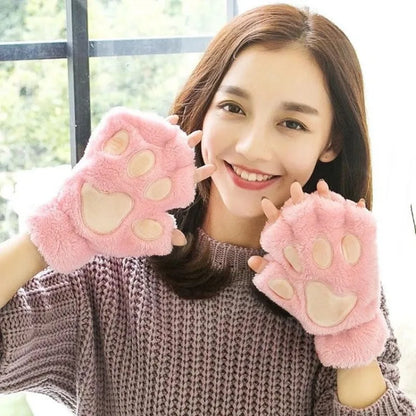 Lovely Plush Cat Claw Gloves – Warm Fingerless Mittens, Soft Fluffy Bear Paw Costume Gloves
