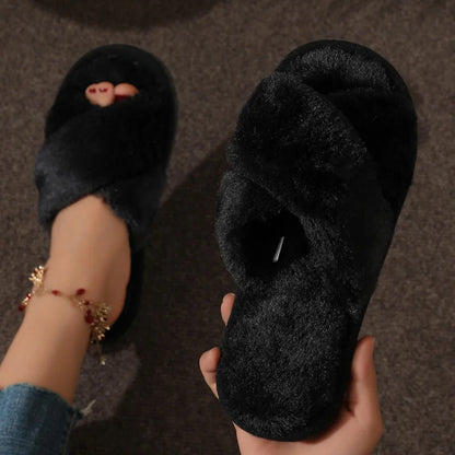 Cozy Cross-Strap Faux Fur Slippers – Warm Indoor Plush Slides, Soft Fuzzy House Shoes, Lightweight Flat Heel Comfort