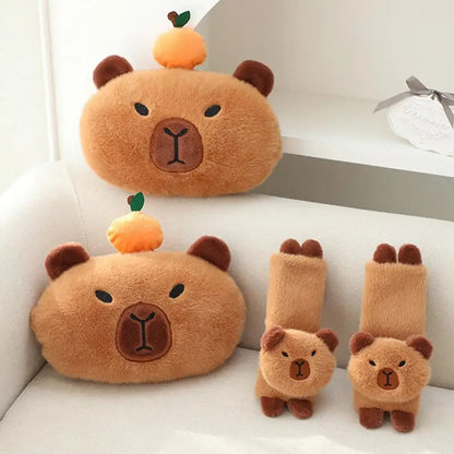 Capybara Car Seat Belt Pads – Cute Animal Headrest Pillow and Shoulder Strap Covers for Automotive Comfort