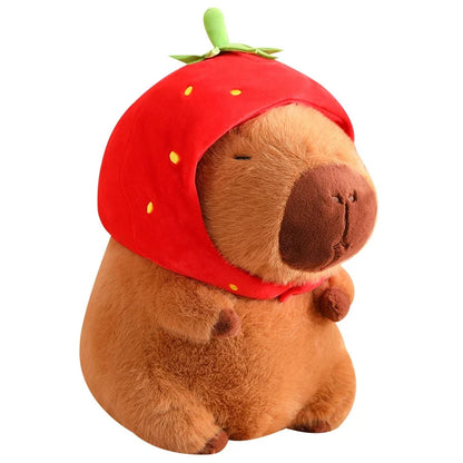 Capybara Plush – Small Size Pendant with Strawberry Hat and Turtle Backpack – Cute Stuffed Animal Gift