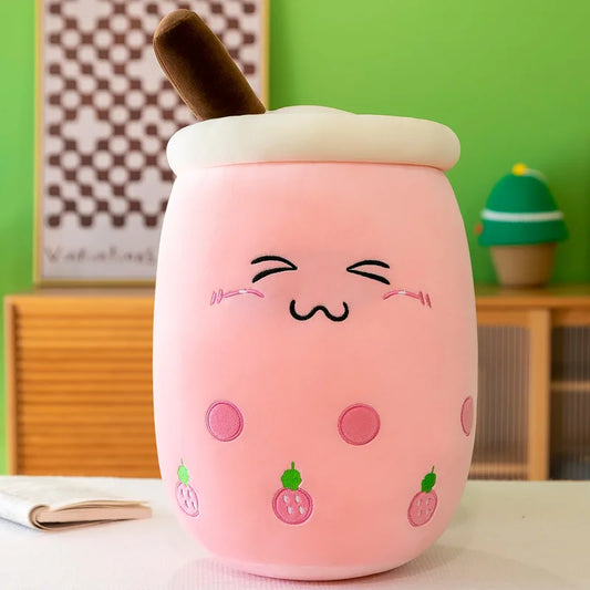 Giant Boba Plush Pillow – Soft Squishy Milk Tea & Fruit Drink Plushie with Sleepy Eyes, Cute Room Decoration & Gift
