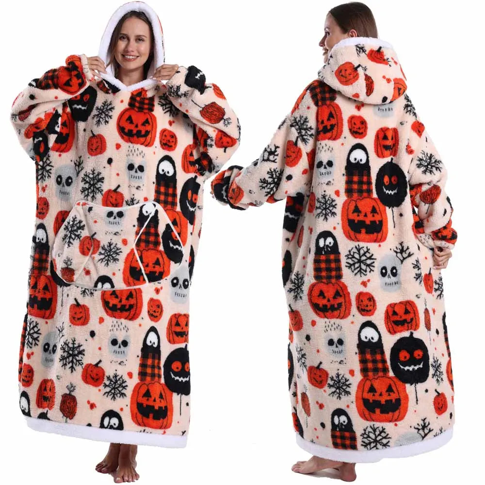 Spooky Oversized Blanket Hoodie – Plush Fleece Pullover Sweatshirt, Extra Long and Warm for Winter Nights