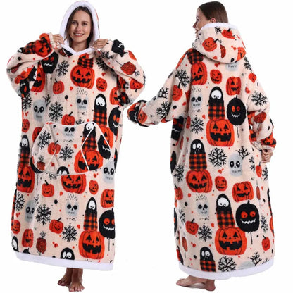 Spooky Oversized Blanket Hoodie – Plush Fleece Pullover Sweatshirt, Extra Long and Warm for Winter Nights