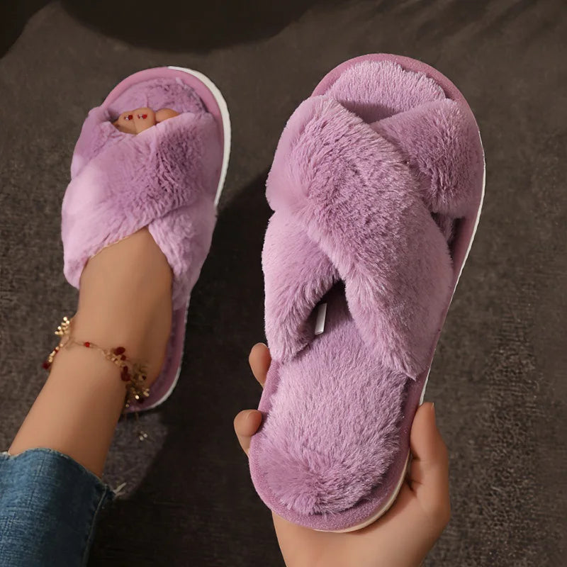 Fashion Cozy Cross-Strap Faux Fur Slippers – Soft Indoor Plush Slides, Warm Fuzzy Home Shoes, Lightweight & Flat Heel Comfort