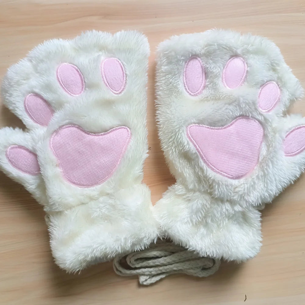 Lovely Plush Cat Claw Gloves – Warm Fingerless Mittens, Soft Fluffy Bear Paw Costume Gloves