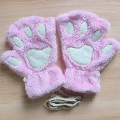 Lovely Plush Cat Claw Gloves – Warm Fingerless Mittens, Soft Fluffy Bear Paw Costume Gloves