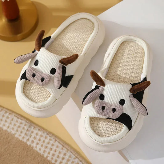 Cute Cow Linen Slippers – Cotton Linen Indoor Sandals for All Seasons, Universal Home Comfort