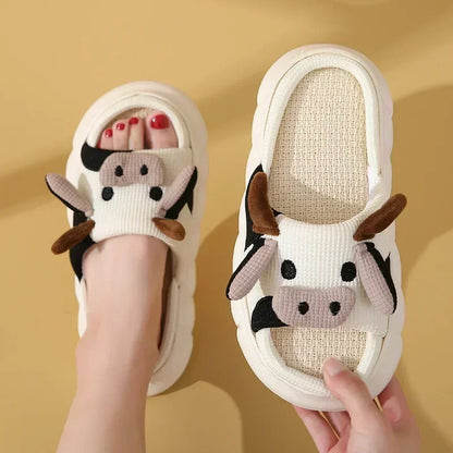 Cute Cow Linen Slippers – Cotton Linen Indoor Sandals for All Seasons, Universal Home Comfort
