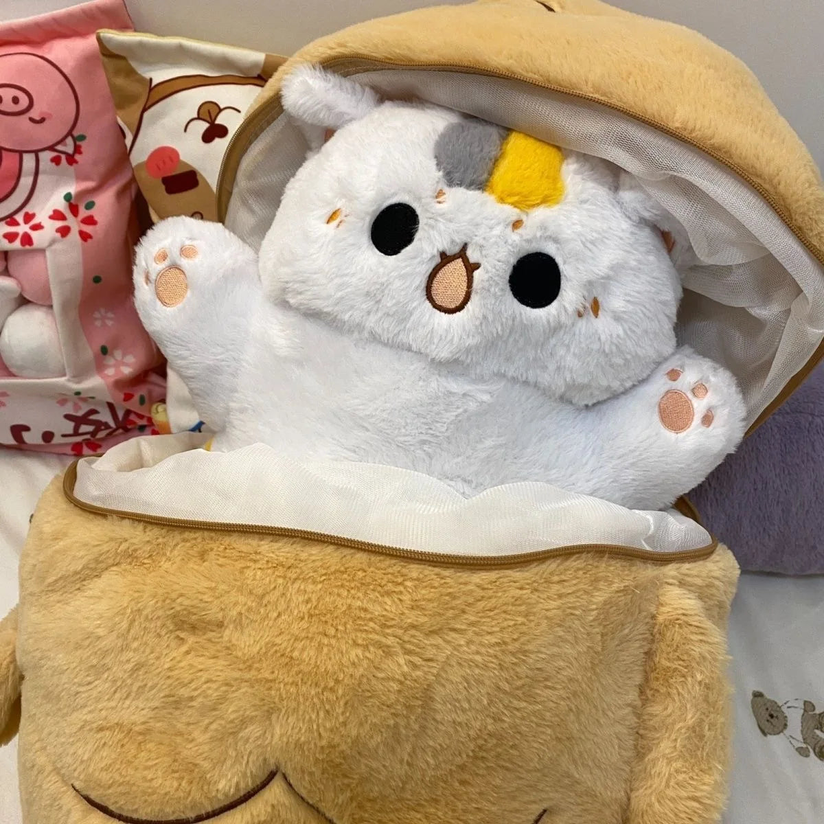 Taiyaki Cat Plush – Kawaii Anime Figure Plushie, Cat Hiding in Cushion Bag, Perfect for Gifts and Home Decoration