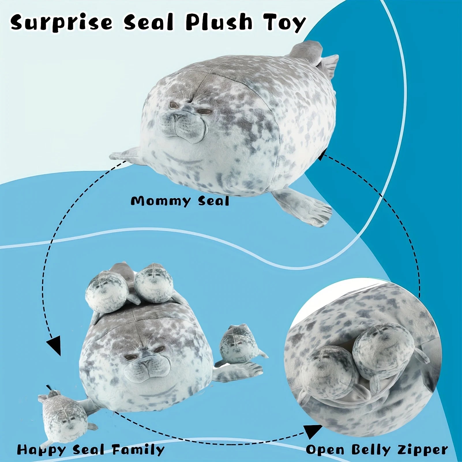 Plush Seal Pillow – Chubby Sea Lion with Four Baby Seals, Soft Stuffed and Unique Decorative Gift