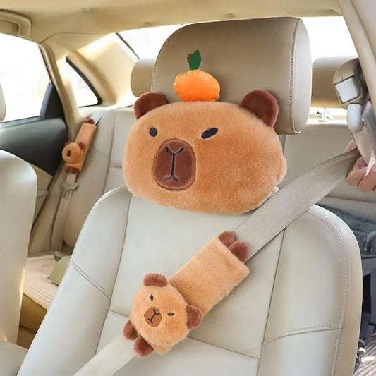 Capybara Car Seat Belt Pads – Cute Animal Headrest Pillow and Shoulder Strap Covers for Automotive Comfort