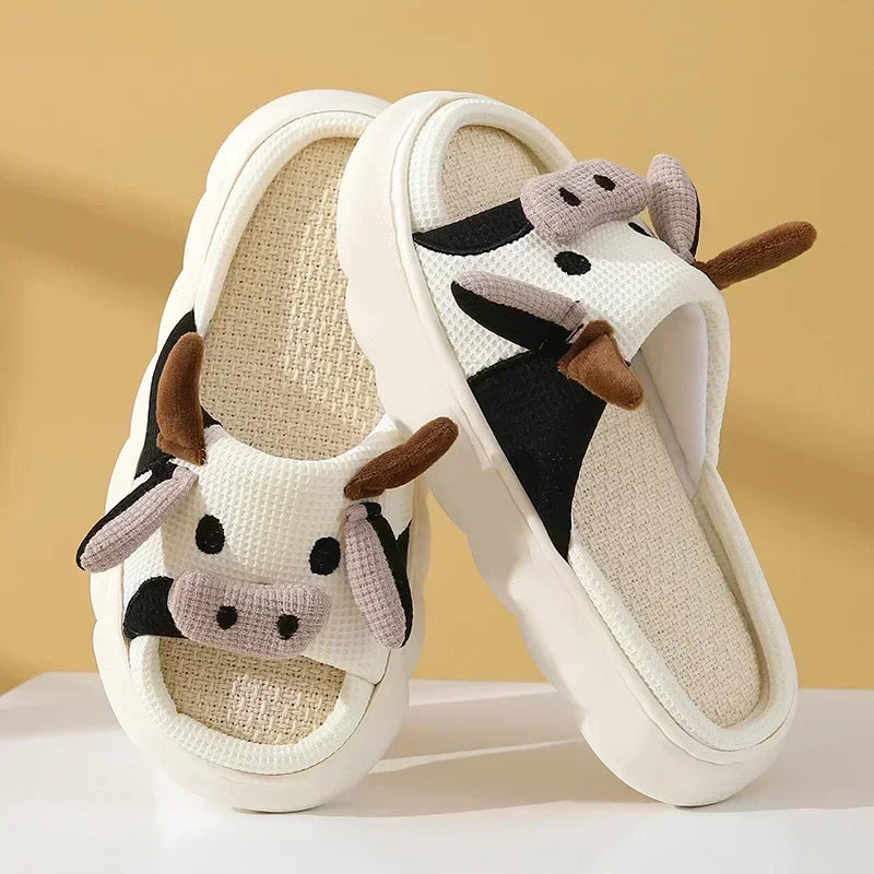 Cute Cow Linen Slippers – Cotton Linen Indoor Sandals for All Seasons, Universal Home Comfort