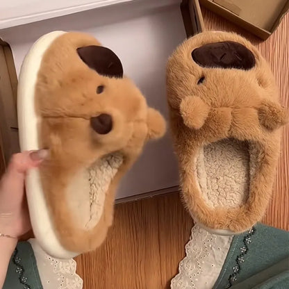 Capybara Cotton Slippers – Warm Plush Indoor House Shoes, Breathable Non-Slip Soft Slippers with Half-Wrap Heel(Sizes 36–41)