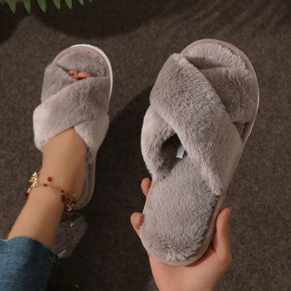 Fashion Cozy Cross-Strap Faux Fur Slippers – Soft Indoor Plush Slides, Warm Fuzzy Home Shoes, Lightweight & Flat Heel Comfort