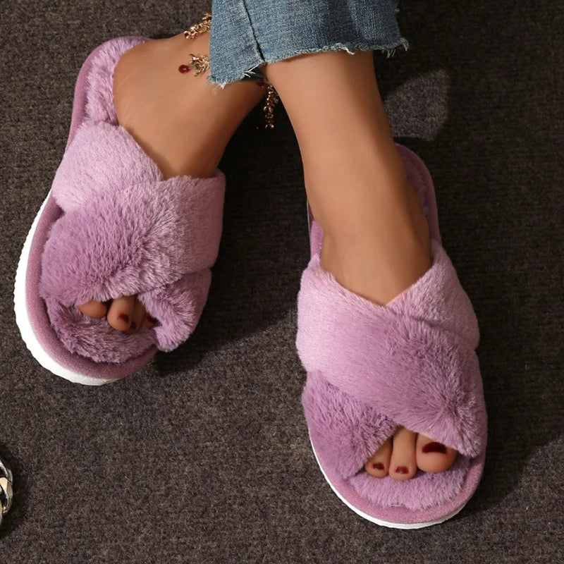 Fashion Cozy Cross-Strap Faux Fur Slippers – Soft Indoor Plush Slides, Warm Fuzzy Home Shoes, Lightweight & Flat Heel Comfort