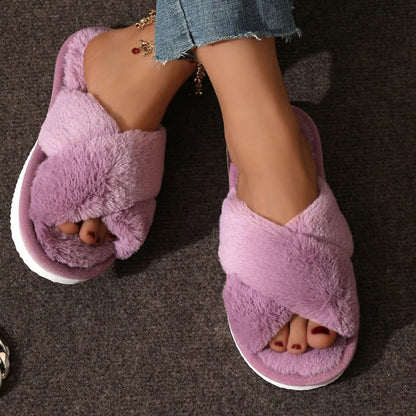 Fashion Cozy Cross-Strap Faux Fur Slippers – Soft Indoor Plush Slides, Warm Fuzzy Home Shoes, Lightweight & Flat Heel Comfort