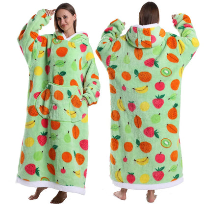 Oversized Blanket Hoodie with Fruit Design – Plush Fleece Sweatshirt, Extra Long and Warm for Winter
