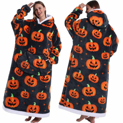 Spooky Oversized Blanket Hoodie – Plush Fleece Pullover Sweatshirt, Extra Long and Warm for Winter Nights