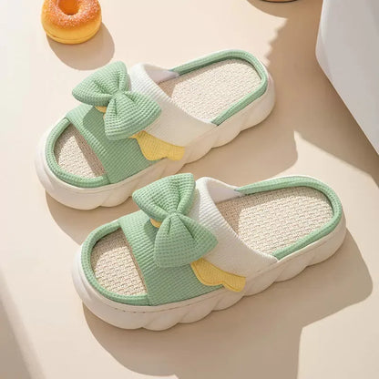 All-Season Ribbon Slippers – Lightweight Cotton Linen Indoor Sandals for Home, Dorm, or Travel