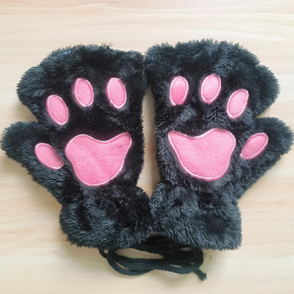 Lovely Plush Cat Claw Gloves – Warm Fingerless Mittens, Soft Fluffy Bear Paw Costume Gloves