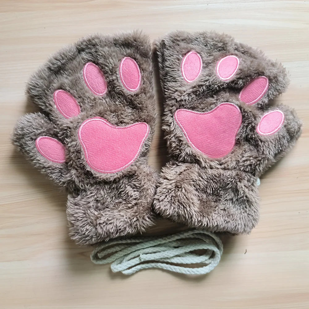 Lovely Plush Cat Claw Gloves – Warm Fingerless Mittens, Soft Fluffy Bear Paw Costume Gloves