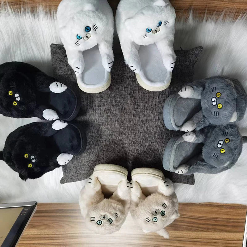 Cuddly Hug Cat Slippers – Kawaii Furry Winter Home Slides , Cute White Mules, Cozy Indoor Shoes, Perfect Gift