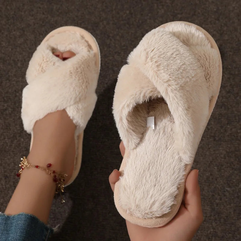 Fashion Cozy Cross-Strap Faux Fur Slippers – Soft Indoor Plush Slides, Warm Fuzzy Home Shoes, Lightweight & Flat Heel Comfort