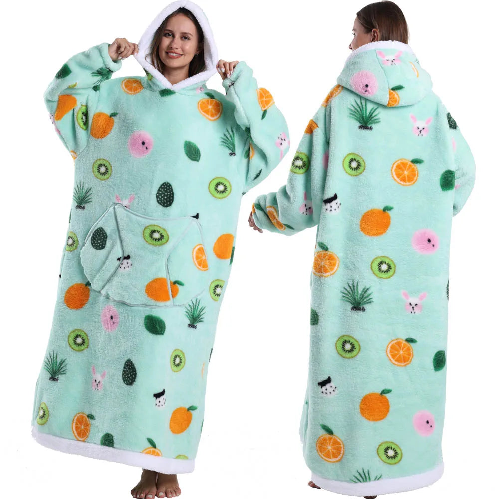 Oversized Blanket Hoodie with Fruit Design – Plush Fleece Sweatshirt, Extra Long and Warm for Winter