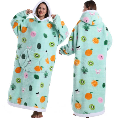 Oversized Blanket Hoodie with Fruit Design – Plush Fleece Sweatshirt, Extra Long and Warm for Winter